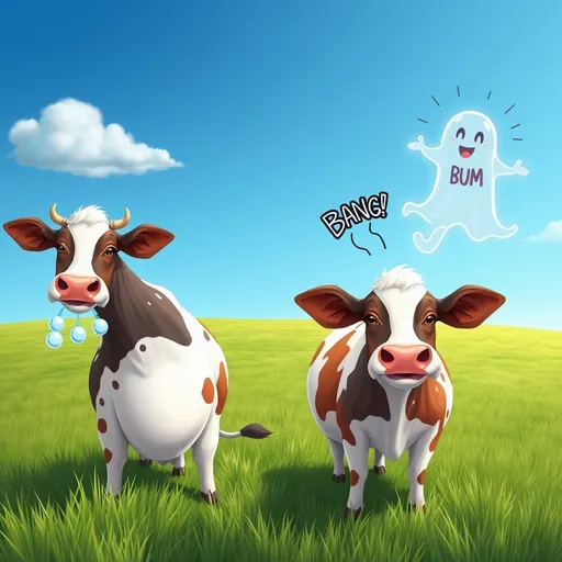 Prompt: Create a hyper-realistic, playful illustration of a vast green field under a bright blue sky. In the foreground, have two cows with exaggerated, playful expressions. One cow should have little ghostly bubbles rising from its belly, symbolizing a silent, sneaky fart, with a cute caption that reads: 'The ghostly dance of a silent fart!' The other cow should be releasing a loud fart, represented by a cartoonish, exaggerated 'BANG!' soundwave with playful motion lines and a comic-style 'BUM!' popping out.
In the background, a friendly, transparent ghost should be floating mid-air, whimsically performing a dance, as if it's having fun with the fart. Above the cows, make the fart clouds look whimsical and colorful—almost like little rainbow-like puffs of air.
The scene should feel lively, funny, and colorful, with the cows wearing amused expressions as if they know they are part of this ‘fart equation,’ making the atmosphere lighthearted and joyful. Add subtle, hyper-realistic details to the grass, sky, and textures, but keep the cows and ghosts cartoonish and adorable, blending both realism and whimsy."