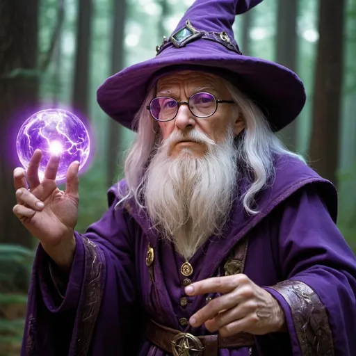 Prompt: in forest wizard, wizard better than other wizard and he is storng, his right hand stuff and stuff's on sphere and sphere's in purple lightining, this wizard very old but lusty. He is wearing glasses and he holds the middle of his glasses with the index finger of his left hand.