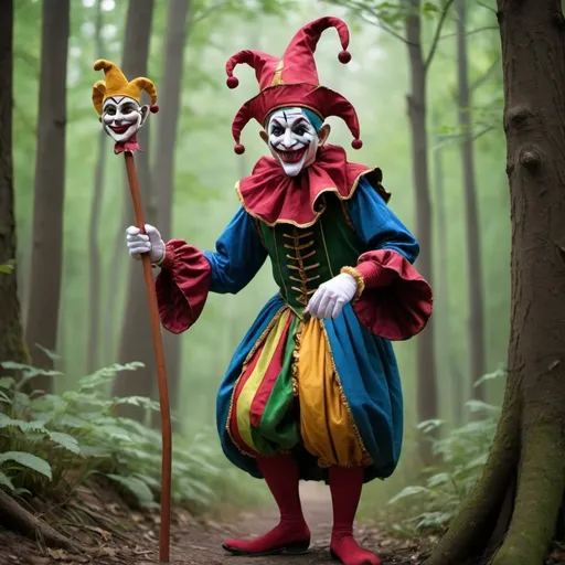 Prompt: Roaming the mysterious pathways of the forests is a jester who catches everyone's attention with their colorful attire and cheerful demeanor. They carry a wooden staff, but it's no ordinary staff; perched atop the staff is a puppet resembling themselves. The puppet acts as a miniature version of the jester, occasionally speaking on its own. Through this puppet, the jester cracks jokes and entertains people, all the while harboring deep thoughts and strategies. Even in the face of battling dark forces, they maintain their cheerfulness and sense of humor.