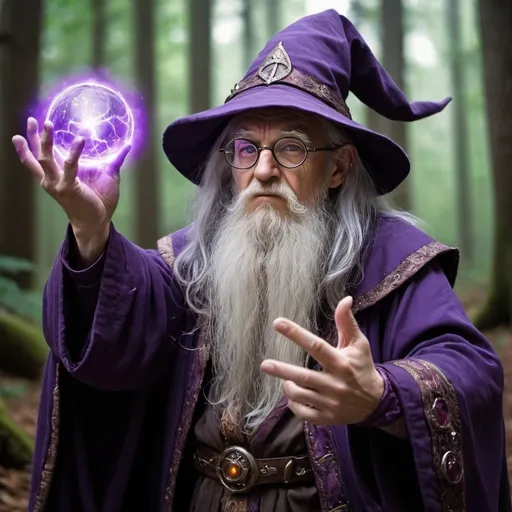 Prompt: in forest wizard, wizard better than other wizard and he is storng, his right hand stuff and stuff's on sphere and sphere's in purple lightining, this wizard very old but lusty. He is wearing glasses and he holds the middle of his glasses with the index finger of his left hand and his one hands have a five fingers 