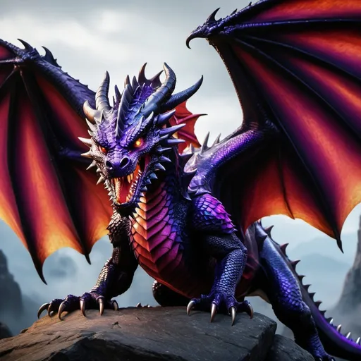 Prompt: Imagine facing a dragon with obsidian scales, its horned head poised for attack. This formidable creature unleashes a violet blaze from its maw, its eyes glowing a menacing crimson. With wings outstretched and ready to strike, the dragon presents a terrifying sight from the viewpoint of its adversaries. 4k resolution, professional renddering