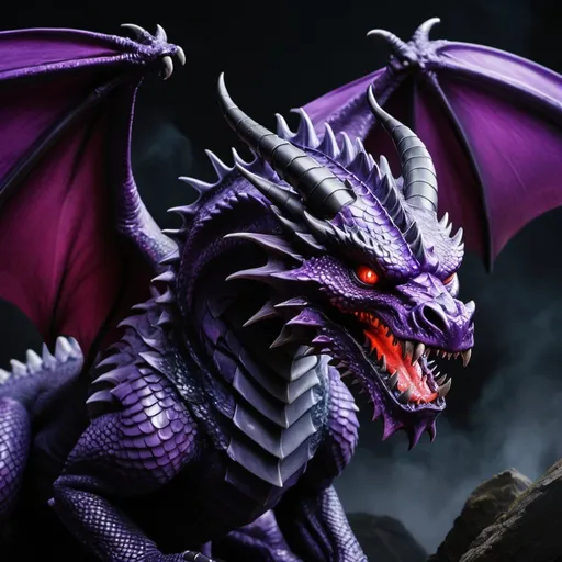 Prompt: Imagine facing a dragon with obsidian scales, its horned head poised for attack. This formidable creature unleashes a violet blaze from its maw, its eyes glowing a menacing crimson. With wings outstretched and ready to strike, the dragon presents a terrifying sight from the viewpoint of its adversaries.