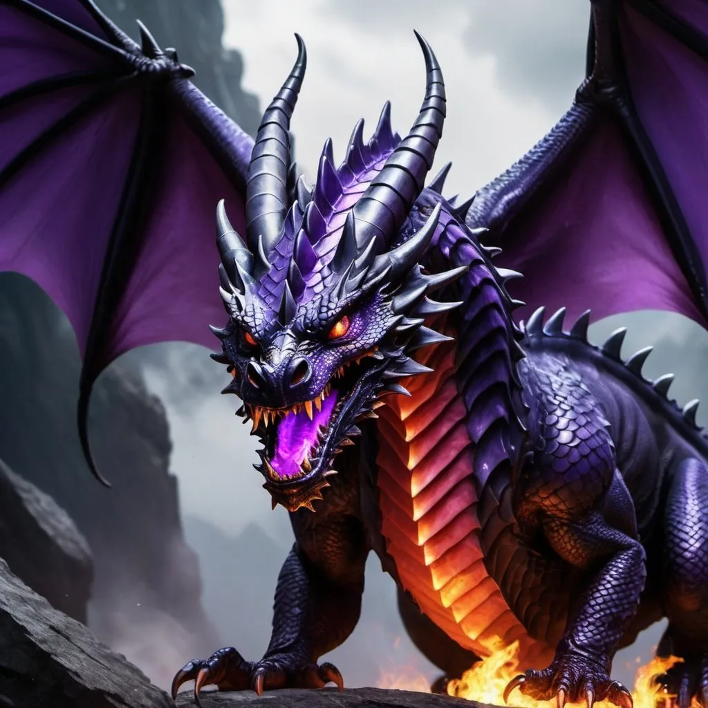 Prompt: Imagine facing a dragon with obsidian scales, its horned head poised for attack. This formidable creature unleashes a violet blaze from its maw, its eyes glowing a menacing crimson. With wings outstretched and ready to strike, the dragon presents a terrifying sight from the viewpoint of its adversaries.