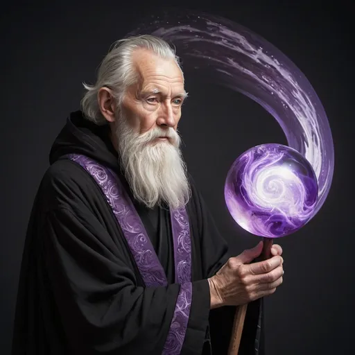 Prompt: Describe an elderly man adorned in a black robe, his beard as white as snow and his robe flowing down to his feet. In his hand, he holds a wooden staff topped with a sphere emitting a swirling, purplish light. The light within the sphere moves like liquid, casting an otherworldly aura around him. He is longer.