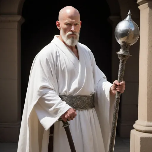 Prompt: Describe a man clad in a white robe, his bald head and pointed beard contrasting sharply with his attire. He holds a blazing mace in one hand and a shining silver shield in the other, his eyes scanning the surroundings with a sense of suspicion. Despite his imposing stature, he uses his shield to protect a child, while his grip on the mace remains firm but relaxed.
