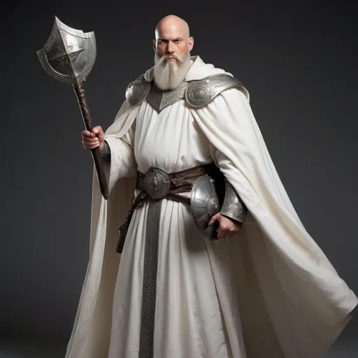 Prompt: Describe a man clad in a white robe, his bald head and pointed beard contrasting sharply with his attire. He holds a blazing mace in one hand and a shining silver shield in the other, his eyes scanning the surroundings with a sense of suspicion. Despite his imposing stature, he uses his shield to protect a child, while his grip on the mace remains firm but relaxed.
