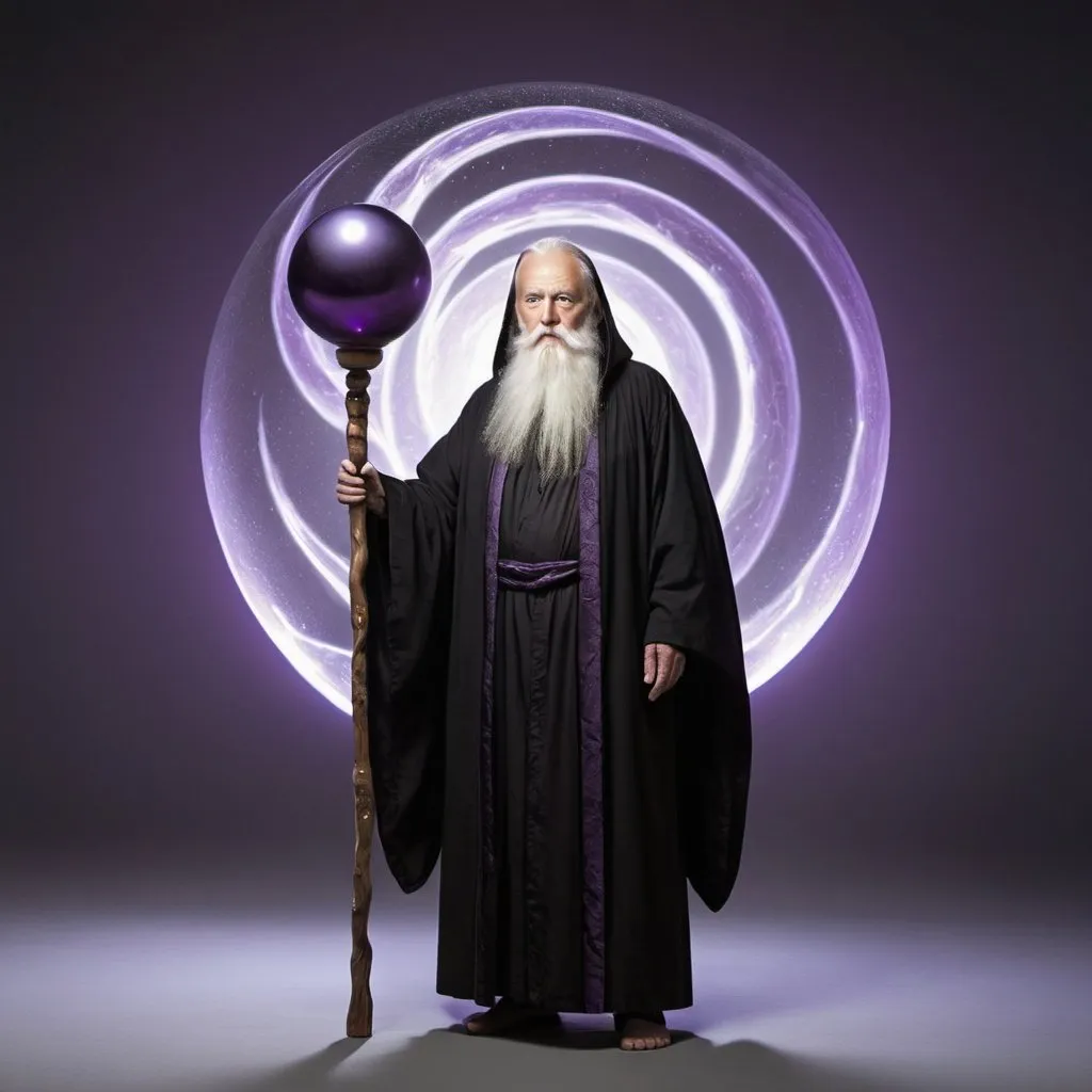 Prompt: Describe an elderly man adorned in a black robe, his beard as white as snow and his robe flowing down to his feet. In his hand, he holds a wooden staff topped with a sphere emitting a swirling, purplish light. The light within the sphere moves like liquid, casting an otherworldly aura around him. He is longer.