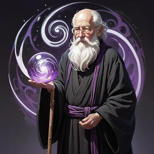 Prompt: Describe an elderly man adorned in a black robe, his beard as white as snow and his robe flowing down to his feet. In his hand, he holds a wooden staff topped with a sphere emitting a swirling, purplish light. The light within the sphere moves like liquid, casting an otherworldly aura around him. He is longer. cartoon art
