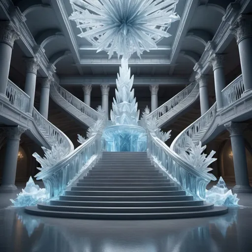 Prompt: Crystalline ice arena, glistening frost, multiple staircases, central atrium, cold tempestuous aura, detailed ice sculptures, high quality, 4k resolution, icy fantasy, grand staircase, intricate frost patterns, dramatic lighting, professional rendering