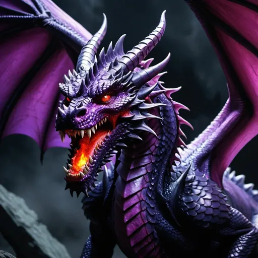Prompt: Imagine facing a dragon with obsidian scales, its horned head poised for attack. This formidable creature unleashes a violet blaze from its maw, its eyes glowing a menacing crimson. With wings outstretched and ready to strike, the dragon presents a terrifying sight from the viewpoint of its adversaries. 4k resolution, professional renddering