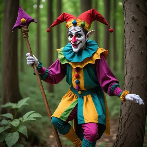 Prompt: Roaming the mysterious pathways of the forests is a jester who catches everyone's attention with their colorful attire and cheerful demeanor. They carry a wooden staff, but it's no ordinary staff; perched atop the staff is a puppet resembling themselves. The puppet acts as a miniature version of the jester, occasionally speaking on its own. Through this puppet, the jester cracks jokes and entertains people, all the while harboring deep thoughts and strategies. Even in the face of battling dark forces, they maintain their cheerfulness and sense of humor. 4k resolution, professional renddering