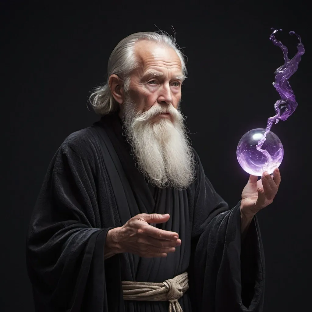 Prompt: Describe an elderly man adorned in a black robe, his beard as white as snow and his robe flowing down to his feet. In his hand, he holds a wooden staff topped with a sphere emitting a swirling, purplish light. The light within the sphere moves like liquid, casting an otherworldly aura around him.