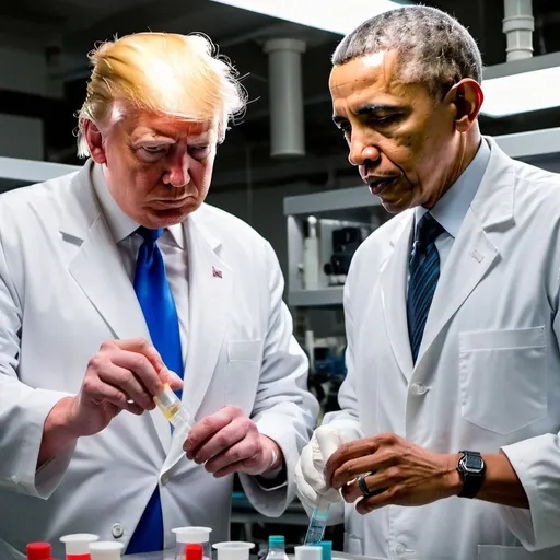 Prompt: president obama  and donald trump in wuhan lab making covid virus
