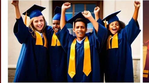 Prompt: Group of school children in graduation gowns, happy faces, vibrant atmosphere, high quality, detailed graduation gowns and caps, realistic, warm lighting, traditional graduation, joyful moment, diverse group, celebratory mood, school pride, primary colors, realistic style, nostalgic ambiance