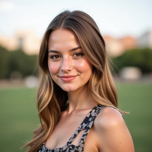 Prompt: mujer bajita, vestida con un vestido y con un peinado elegante, pelo largo castaño con mechas rubias y pecas posando para una foto en el campo del barcelona