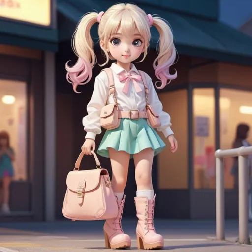 Prompt: High-quality detailed digital illustration of an 8-year-old girl in a cute outfit and high heel boots, long straight high ponytail, carrying a cream cross-body handbag, vibrant and colorful, anime style, adorable expression, pastel colors, soft lighting, detailed eyes, professional, 4k, ultra-detailed, anime, vibrant colors, cute outfit, long straight high ponytail, high heel boots, cream cross-body handbag, adorable expression, pastel colors, soft lighting