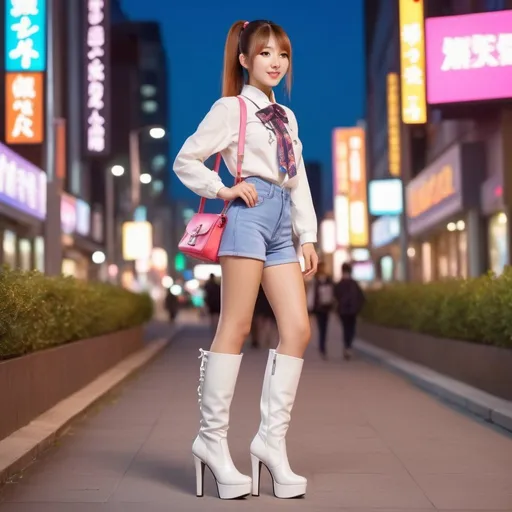 Prompt: High-quality detailed digital illustration of an 27-year-old Japanese girl in a super cute outfit and wearing cute platform high heel boots, long straight high ponytail, wearing a cute cross-body handbag, vibrant and colorful, adorable expression, soft lighting, detailed eyes, professional, 4k, ultra-detailed, cute outfit, long straight high ponytail, platform high heel boots, cute cross-body handbag, adorable expression, soft lighting