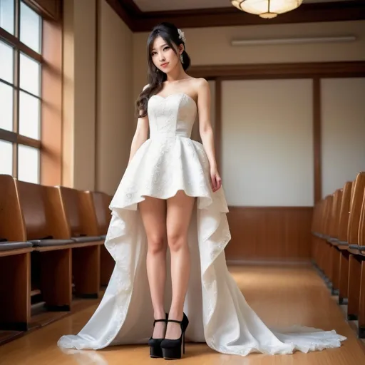 Prompt: A 27-year-old female Japanese school teacher in a cute wedding dress , black suede 18cm extreme high heels with an extremely high arch,  vibrant and chic, detailed facial features, elegant pose, extreme, high fashion, ultra-detailed, fashion illustration, chic, fashionable, exotic, professional lighting, in a school setting