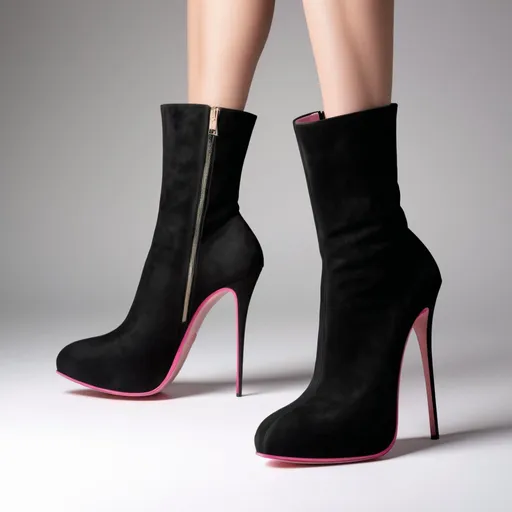 Prompt: Extreme 25cm high heel booties with 5cm high arch, round toe, black suede, stiletto, luxury pink sole, sharp and edgy design, high fashion, high quality, detailed shadows, professional lighting, minimalist, classy, extreme, detailed