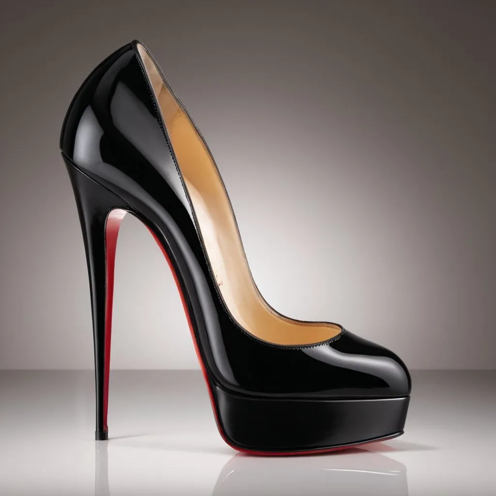 Prompt: Sharp and elegant close-up of Christian Louboutin 18cm single sole high heels, glossy black patent leather, luxurious high-end fashion, ultra-detailed, high quality, editorial photography, dramatic lighting, sophisticated, black, red sole, designer shoes, glamorous, single sole, 18cm tall