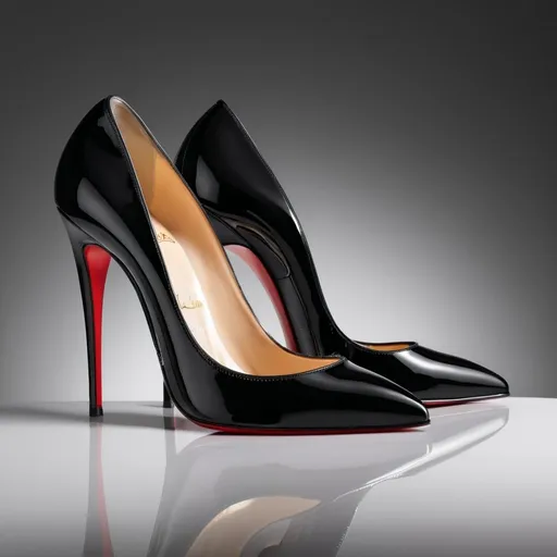 Prompt: Sharp and elegant close-up of Christian Louboutin 130mm single sole high heels, glossy black patent leather, luxurious high-end fashion, ultra-detailed, high quality, editorial photography, dramatic lighting, sophisticated, black, red sole, designer shoes, glamorous, single sole