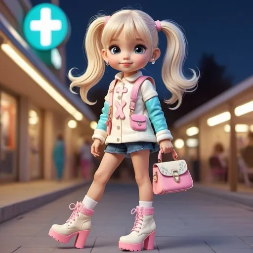 Prompt: High-quality detailed digital illustration of an 8-year-old girl in a cute outfit and platform high heel boots, long straight high ponytail, wearing a cute cream cross-body handbag, vibrant and colorful, adorable expression, pastel colors, soft lighting, detailed eyes, professional, 4k, ultra-detailed, vibrant colors, cute outfit, long straight high ponytail, platform high heel boots, cute cream cross-body handbag, adorable expression, pastel colors, soft lighting