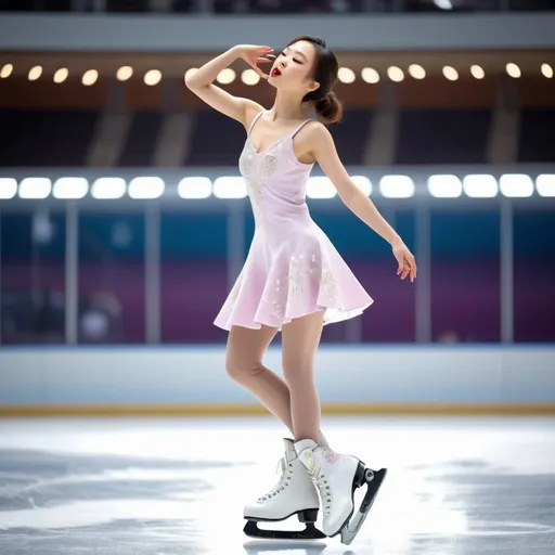 Prompt: A 27-year-old Japanese girl  in a cute bright plain dress,  white edea piano  figure skates,  vibrant and chic, detailed facial features, elegant pose, high fashion, ultra-detailed, fashion illustration, chic, vibrant colors, professional lighting, on an ice rink, blowing kisses