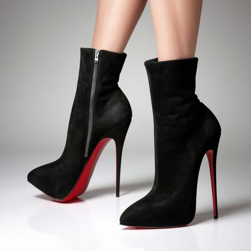 Prompt: Extreme 18cm single sole high heel booties with high arch, black suede,  stiletto, luxurious red sole, sharp and edgy design, high fashion, high quality, detailed shadows, professional lighting, minimalist, classy