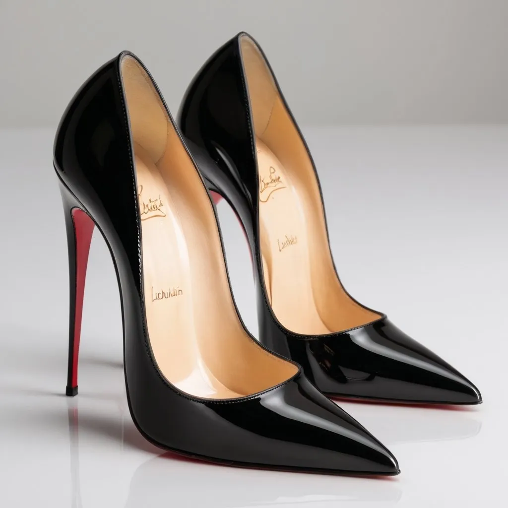 Prompt: Sharp and elegant close-up of Christian Louboutin 16cm single sole high heels, glossy black patent leather, luxurious high-end fashion, ultra-detailed, high quality, editorial photography, dramatic lighting, sophisticated, black, red sole, designer shoes, glamorous, single sole, 16cm tall