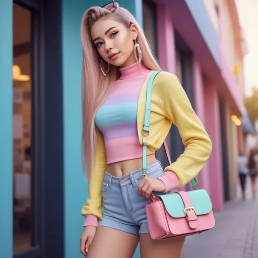 Prompt: High-quality detailed digital illustration of an 27-year-old girl in a cute outfit and platform high heel boots, long straight high ponytail, wearing a cute cross-body handbag, vibrant and colorful, adorable expression, pastel colors, soft lighting, detailed eyes, professional, 4k, ultra-detailed, cute outfit, long straight high ponytail, platform high heel boots, cute cross-body handbag, adorable expression, pastel colors, soft lighting