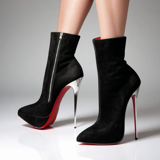 Prompt: Extreme 18cm single sole high heel booties with high arch, black suede , metallic stiletto, luxurious red sole, sharp and edgy design, high fashion, high quality, detailed shadows, professional lighting, minimalist, classy