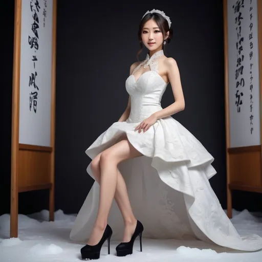 Prompt: A 27-year-old female Japanese school teacher in a cute wedding dress, black suede 18cm extreme high heels with an extremely high arch,  vibrant and chic, detailed facial features, elegant pose, extreme, high fashion, ultra-detailed, fashion illustration, chic, fashionable, exotic, professional lighting, on ice