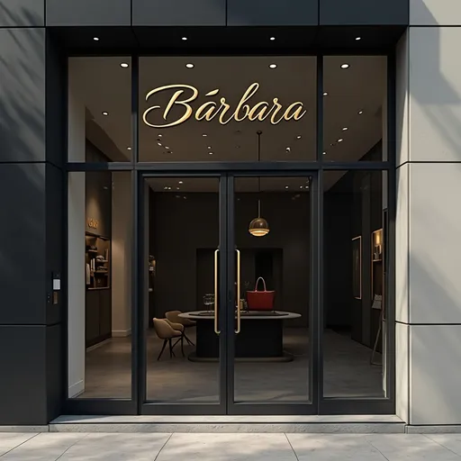Prompt: A minimalist and elegant logo that says “Bárbara” in a refined serif or modern script font. The logo is displayed on the front entrance of a luxurious boutique or design studio. The building facade is sleek, with neutral colors (like black, white, or beige), large glass windows, and subtle lighting. The logo is metallic (gold or matte black), giving it a high-end, professional appearance. The scene is realistic and stylish, with a modern and upscale atmosphere.
