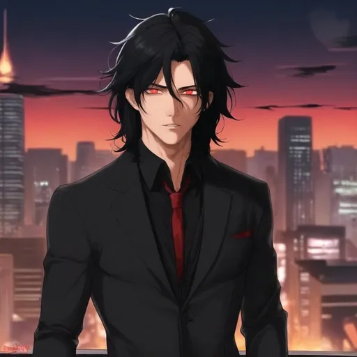 Prompt: Give him a nice all black suit make his eyes red with a black pupils his skin should be brown and make twisting shadows around his body
