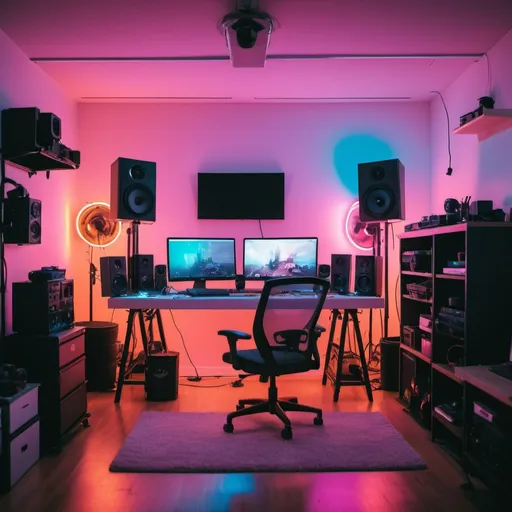 Prompt: /imagine prompt: A tech youtuber's brightly lit studio room, creativity, minimalism, productivity, modern industrial design, vibrant, subtle neon glow, Sony Alpha A7R IV, f/1.4 lens, aerial shot, --style raw --stylize 100 --ar 16:9 --v 6
