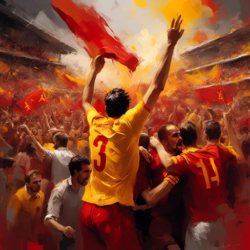 Prompt: <mymodel>Vibrant digital painting of a triumphant Galatasaray football match, passionate crowd in red and yellow, stadium illuminated in warm tones, high energy atmosphere, realistic digital painting, detailed player expressions, grand celebration, best quality, highres, ultra-detailed, digital painting, energetic, vibrant colors, passionate fans, triumphant scene, dynamic composition, atmospheric lighting