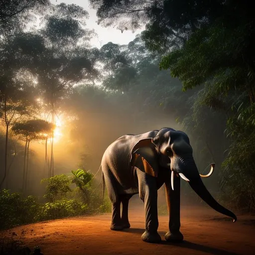 Prompt: A mahout guides the elephant throught dense forest at twilight.