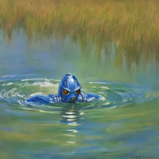 Prompt: An Impressionist artwork of a robot swimming in a lake
