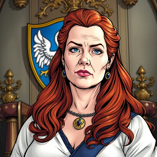 Prompt: Noble lady, 45 years, thick of body, her face is pale and puffy, blue eyes. She has beautiful auburn hair that falls thickly down to her waist.  Background: a throne-room, on the wall a large shield with a white falcon on a blue field . Use classic comic-style inking, with bold outlines and vibrant colors, polished with a glossy digital finish. The image should be highly detailed and should use contrasting light effects