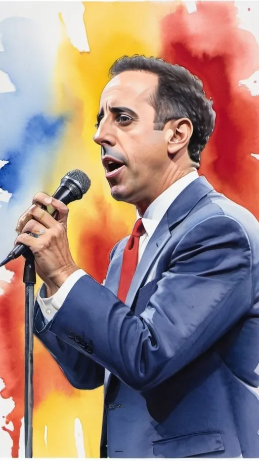 Prompt: Watercolor painting of Jerry Seinfeld holding a microphone and performing before an audience. Prominent colors are red and yellow and blue. 
