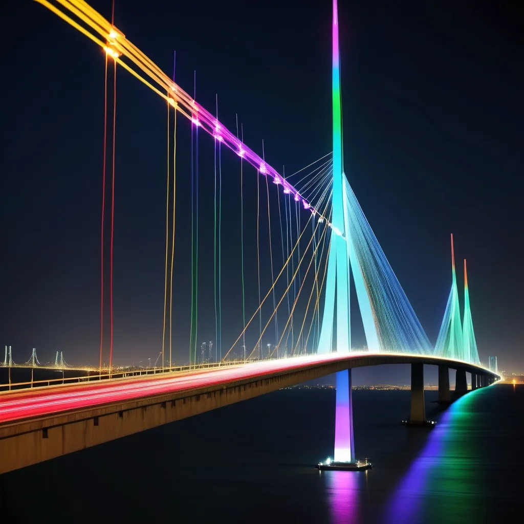 Prompt: Fiber optic art. fiber optic cable pointing towards the viewertransmitting photons of multi colour lights. The cable over the Penang Bridge