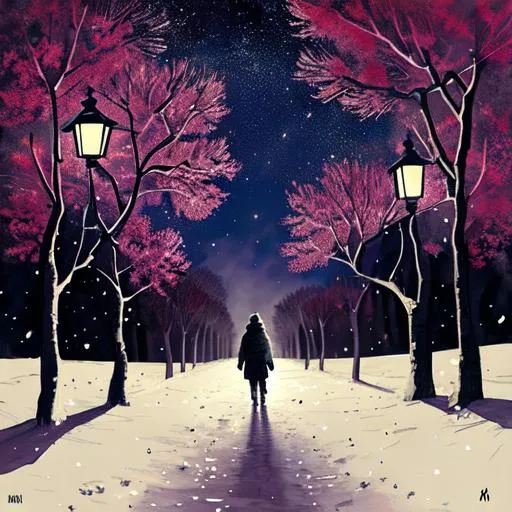 Prompt: Produce an image of a solitary December traveler walking through a snowy, moonlit field with a lantern