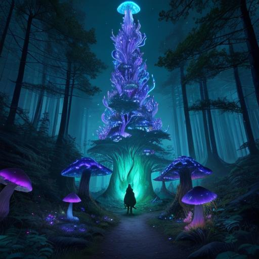 Prompt: enchanted forest with towering, bioluminescent mushrooms, and mystical creatures.