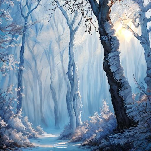 Prompt: Create an image of a frost-covered forest at dawn, where each tree branch glistens with delicate ice crystals