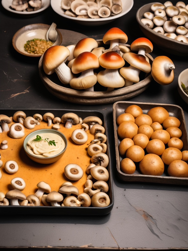 Prompt: a tray of food that is on a table with a bowl of mushrooms and a bowl of mushrooms in the background, Carpoforo Tencalla, dau-al-set, food photography, a pastel