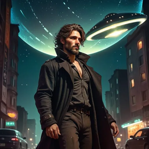 Prompt: Dynamic pose of a rugged man in dark duster coat, starry night sky, distant UFO, detailed short stubbly beard, unkempt short dark brown hair, atmospheric neon lighting, high quality, dark tones, sci-fi, urban fantasy, detailed clothing, mysterious, dramatic pose, distant UFO, night scene, intense