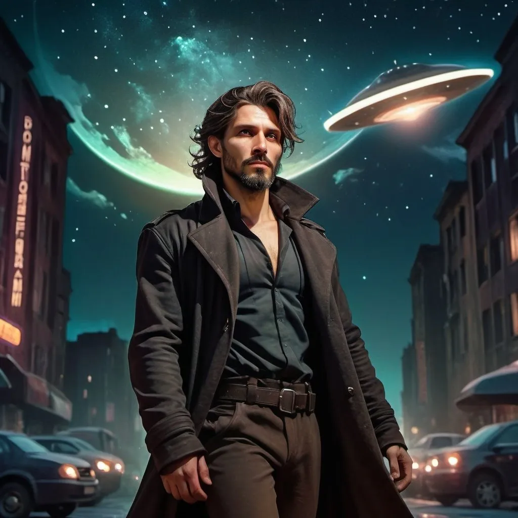 Prompt: Dynamic pose of a rugged man in dark duster coat, starry night sky, distant UFO, detailed short stubbly beard, unkempt short dark brown hair, atmospheric neon lighting, high quality, dark tones, sci-fi, urban fantasy, detailed clothing, mysterious, dramatic pose, distant UFO, night scene