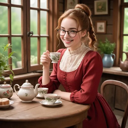 Prompt: (central content: Anne Shirley with brown ponytail hair), (big smile), (big round glasses), (crimson dress), enjoying a cozy tea moment, warm and inviting atmosphere, featuring a quaint tea set on a rustic table, soft natural light illuminating the scene, whimsical background with greenery, ultra-detailed, cheerful ambiance, capturing the essence of youthful joy and innocence.