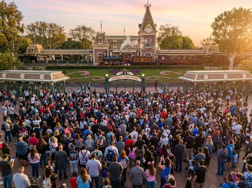 Prompt: Create an image that contains thousands of people outside the gates of Disneyland in Anaheim, CA. They are all waiting for the park to open. It's about 7am and all the people are facing the gates as the sun is beginning to rise from the east. Show the entrance to the park, which includes the Main Street Train Station, and their # 5 steam train called the Ward Kimball is sitting at the station where everyone can see it. The train has 4 passenger cars attached behind the engine. Make the perspective view of the park entrance to be about 25 feet in the air, hovering over the esplanade area like a drone with a camera. In this one image there are people of all ages, kids and adults.
