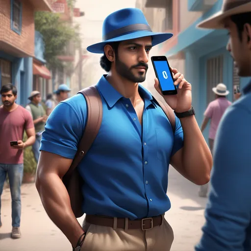 Prompt: a man in a blue shirt and a hat with a cell phone in his hand and a cell phone in his other hand, Anthony Devas, samikshavad, vfx, a picture